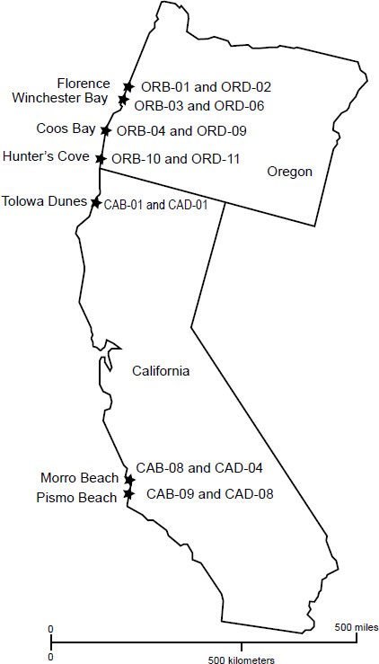 Fig. 1. Locations and sample numbers of beach-dune paired samples that were collected for this study along the west coast of the United States.