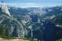 (b) The Little Yosemite Valley, as seen from Glacier Point looking upstream along the Merced River, with Half Dome on the left, and Nevada and Vernal Falls to the center and right.